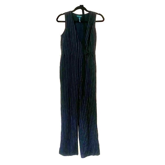 Lauren Ralph Lauren Sleeveless Faux Wrap Wool Pinstriped Jumpsuit - Picture 5 of 7